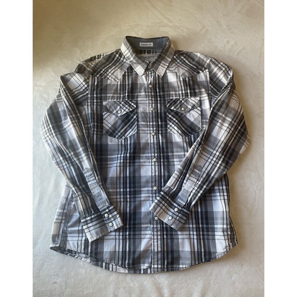 American Eagle 100% Cotton Plaid Western Snap Men's Dress Shirt White Size L